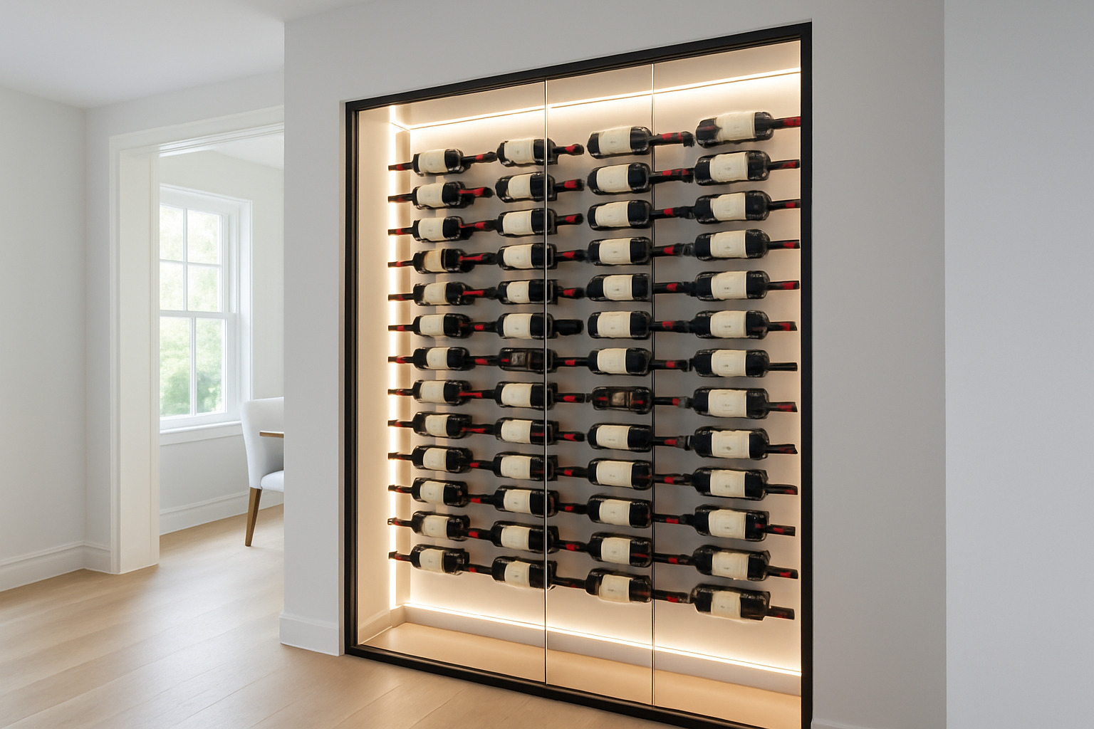 modern wine wall with LED lighting and label-forward display - cellar decorating ideas