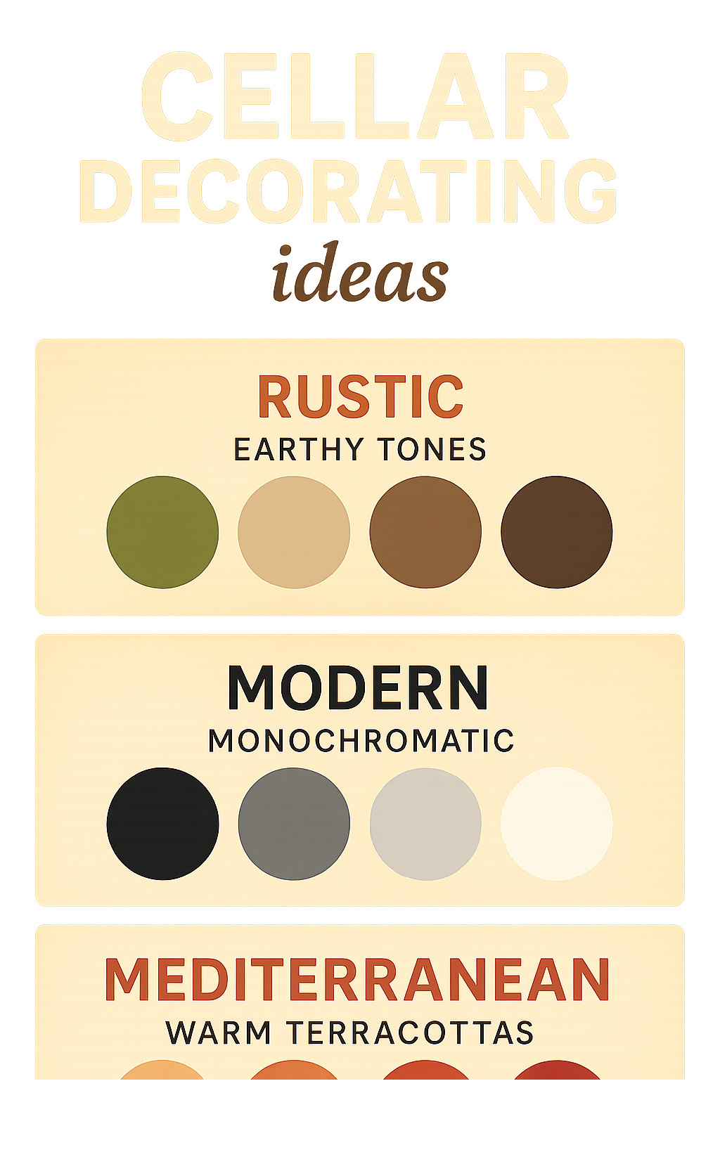 Color palette infographic showing recommended hues for different wine cellar styles: earthy tones for rustic, monochromatic for modern, warm terracottas for Mediterranean - cellar decorating ideas infographic