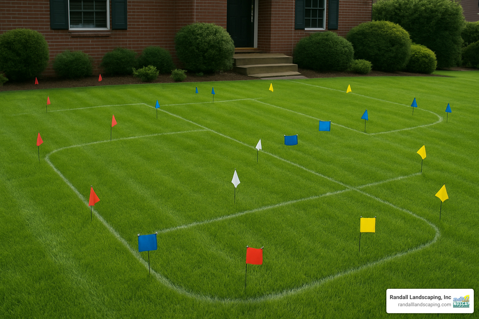 Layout of a professional sprinkler system with flags marking head locations - professional sprinkler system installation
