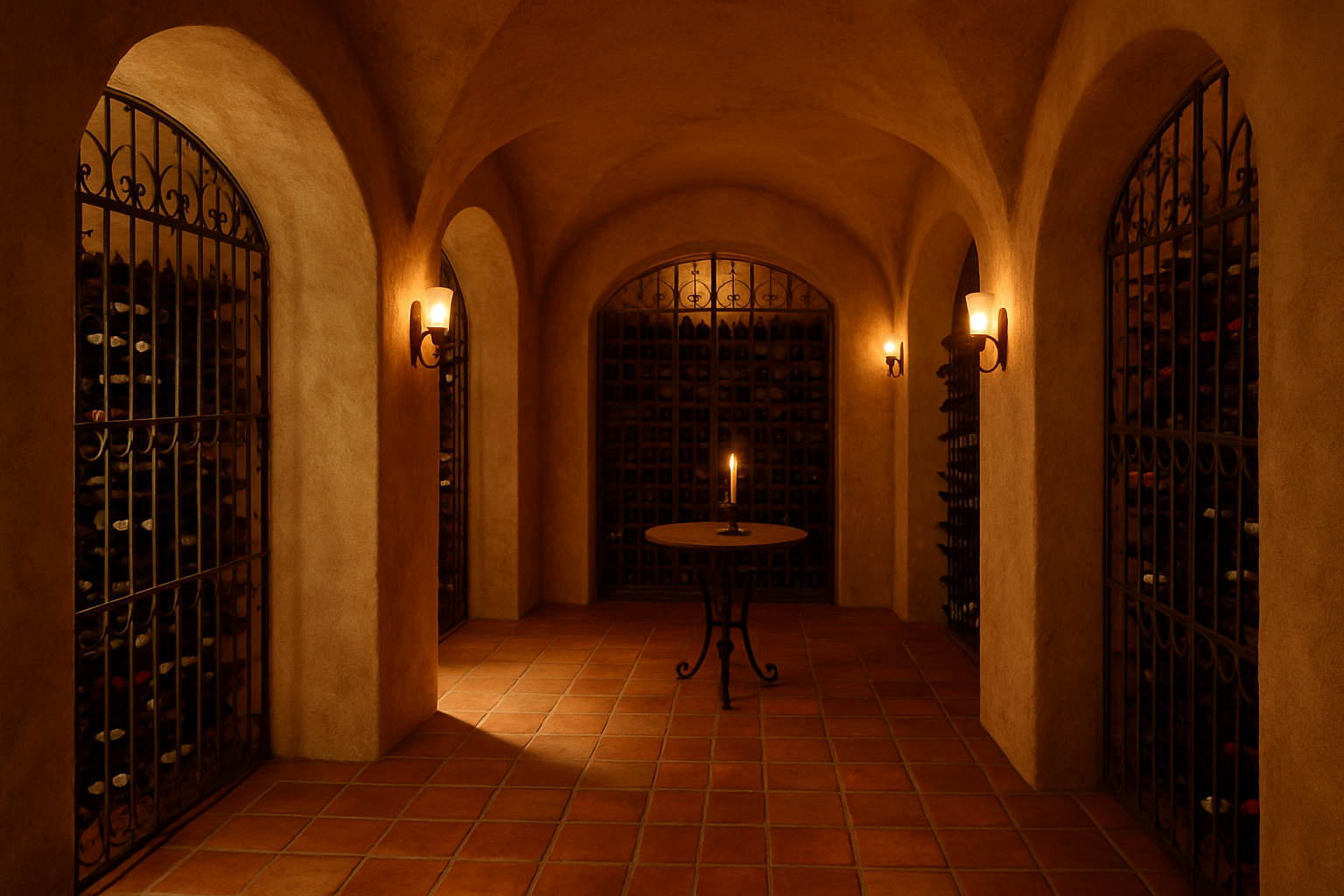 Mediterranean style wine cellar with arched doorways and terracotta floors - cellar decorating ideas