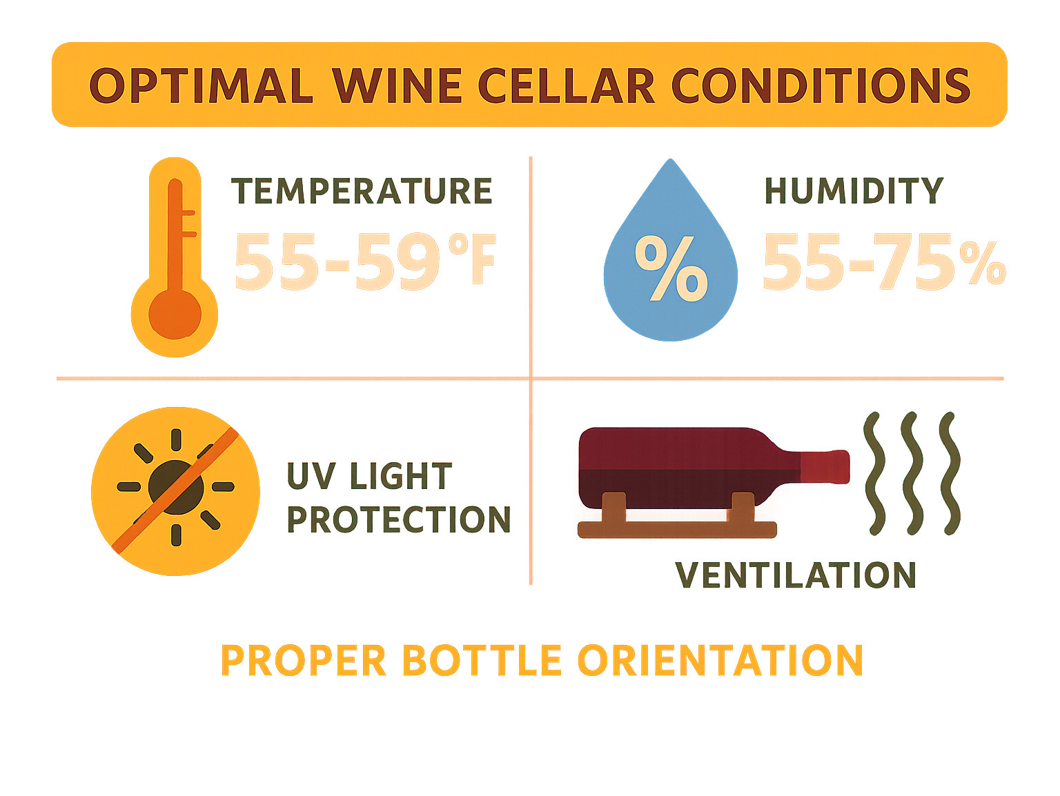 Optimal wine cellar conditions infographic showing temperature range of 55-59°F, humidity level of 55-75%, protection from UV light, proper bottle orientation, and ventilation requirements - cellar decorating ideas infographic