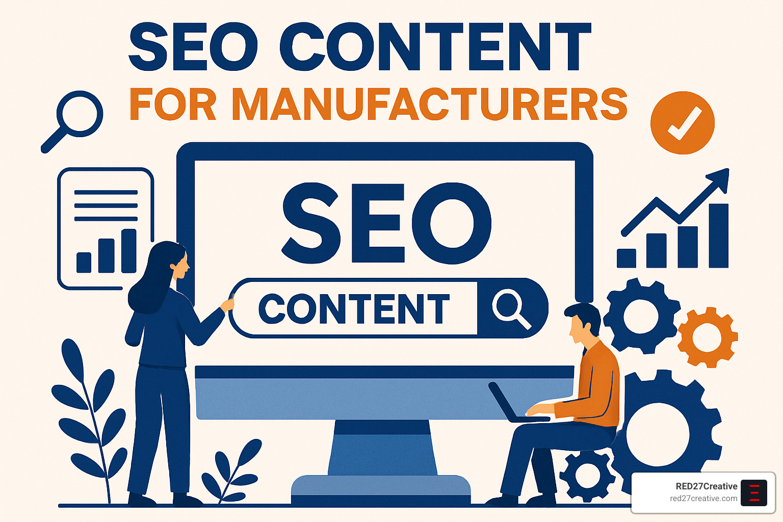 How Manufacturers Can Create SEO Content That Actually Works • seo content for manufacturers • RED27Creative Manufacturing team researching keywords and planning content strategy - seo content for manufacturers