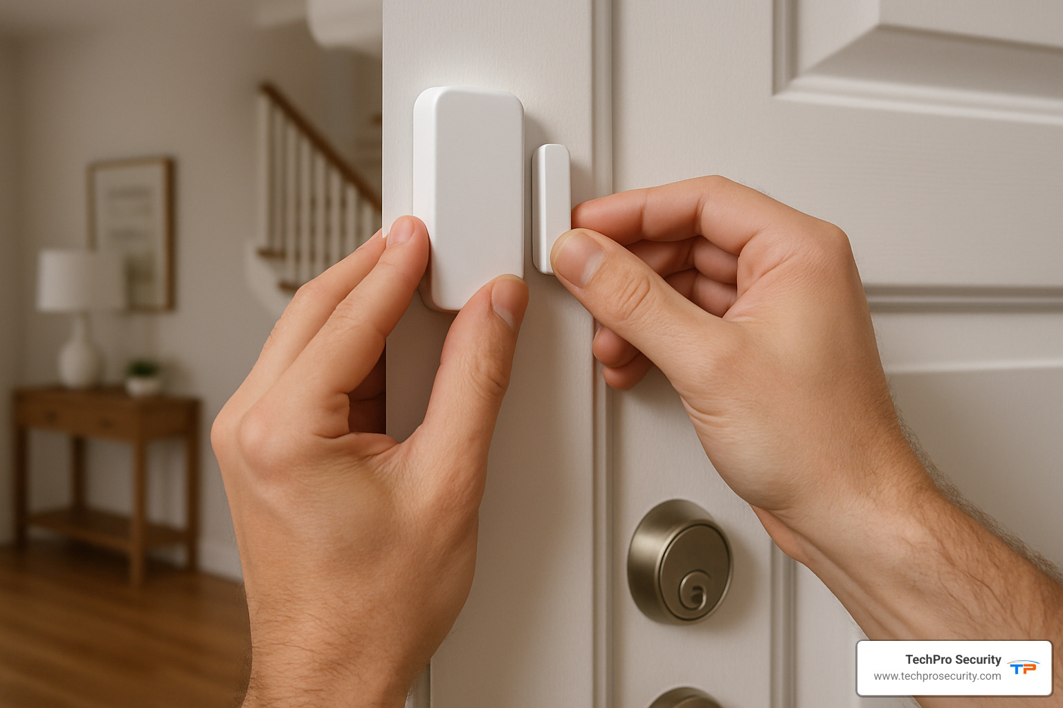 Homeowner installing a wireless door sensor - security alarm installers near me