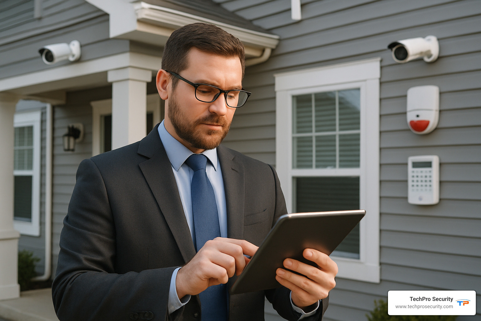 Security consultant using tablet to create a custom quote - security alarm installers near me
