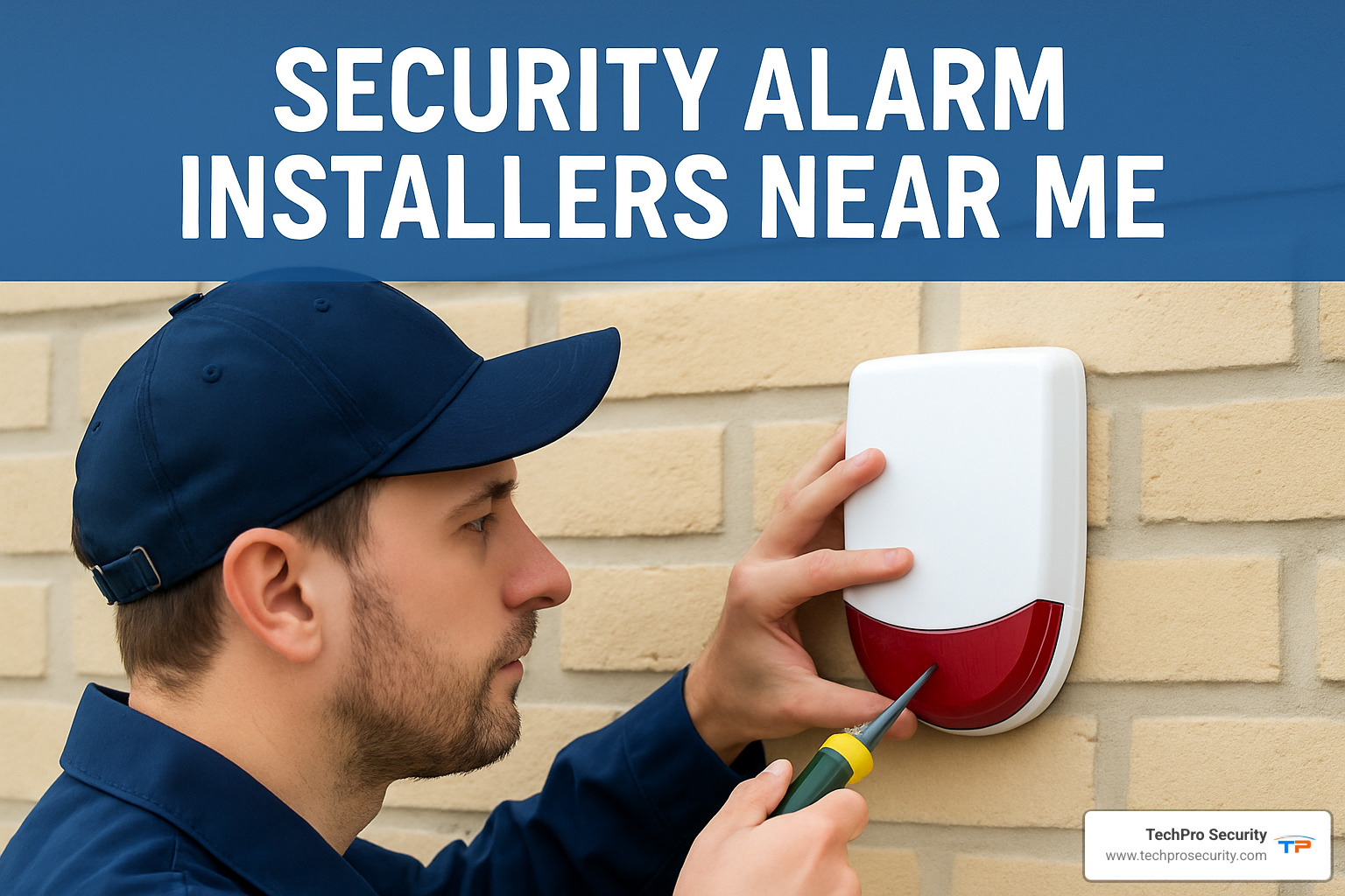 Technician on ladder servicing a motion detector - security alarm installers near me