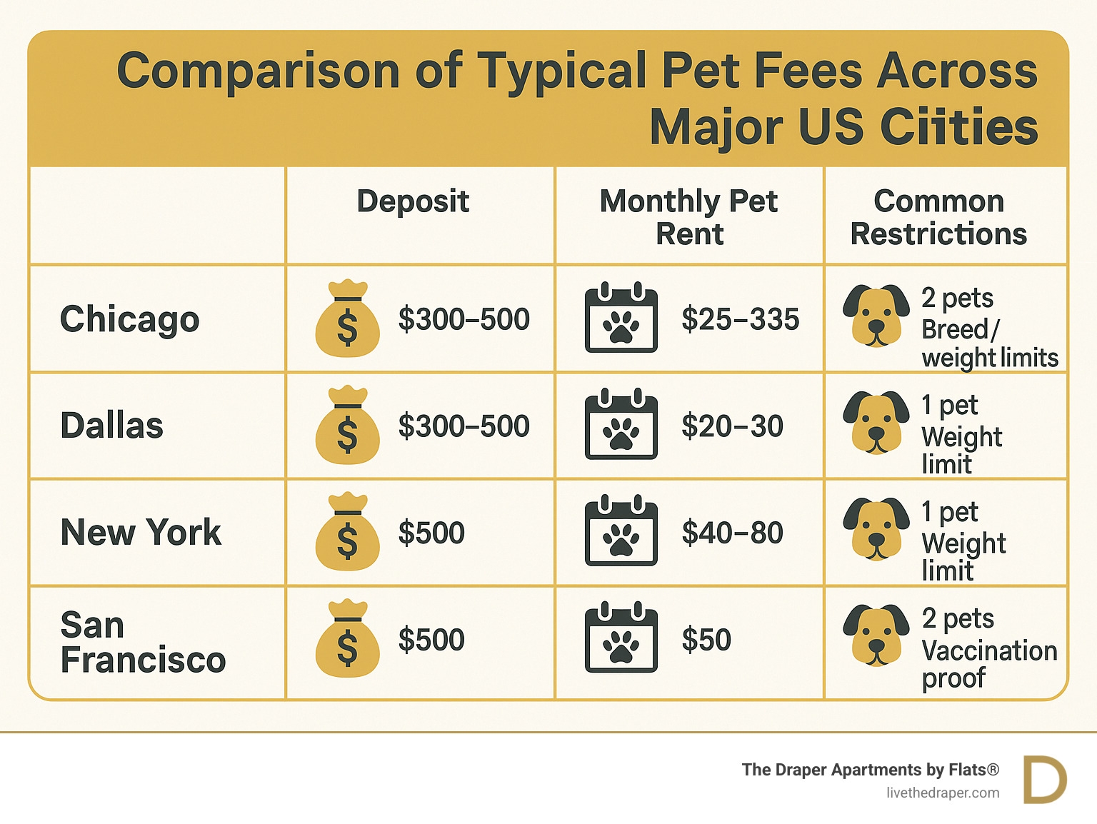 Comparison of typical pet fees across major US cities showing deposits, monthly pet rent, and common restrictions - Apartments near dog parks infographic 