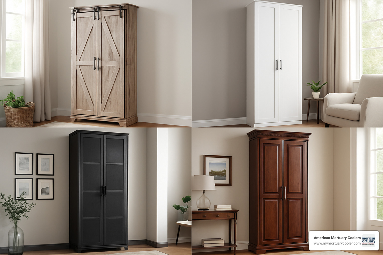 Collage of different tall door cabinet styles including farmhouse, modern, industrial, and traditional designs - tall door cabinet