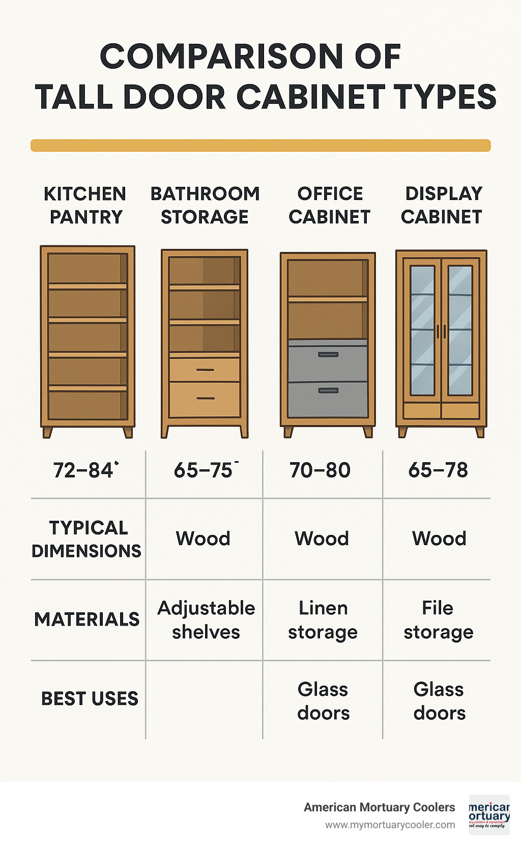 Comparison of tall door cabinet types showing kitchen pantry (72-84" with adjustable shelves), bathroom storage (65-75" with linen storage), office cabinet (70-80" with file storage), and display cabinet (65-78" with glass doors) with their typical dimensions, materials, and best uses - tall door cabinet infographic 