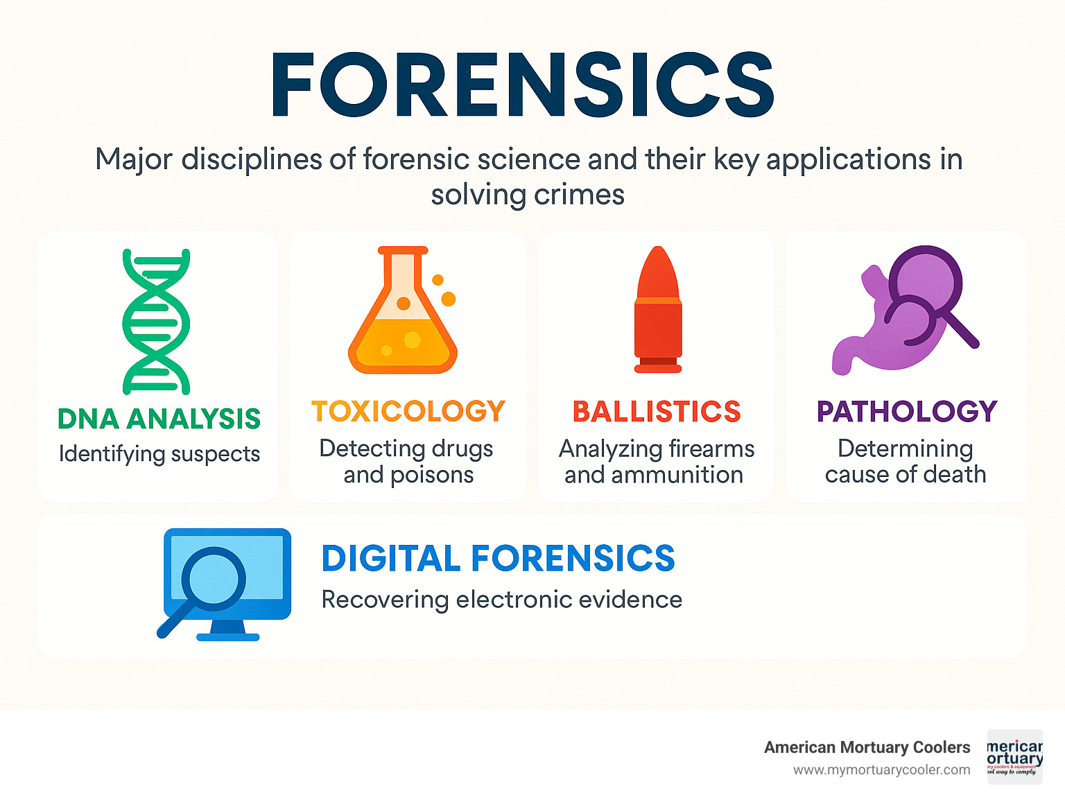 Infographic showing the major disciplines of forensic science including DNA analysis, toxicology, ballistics, digital forensics, and pathology with their key applications in solving crimes - Forensics infographic 