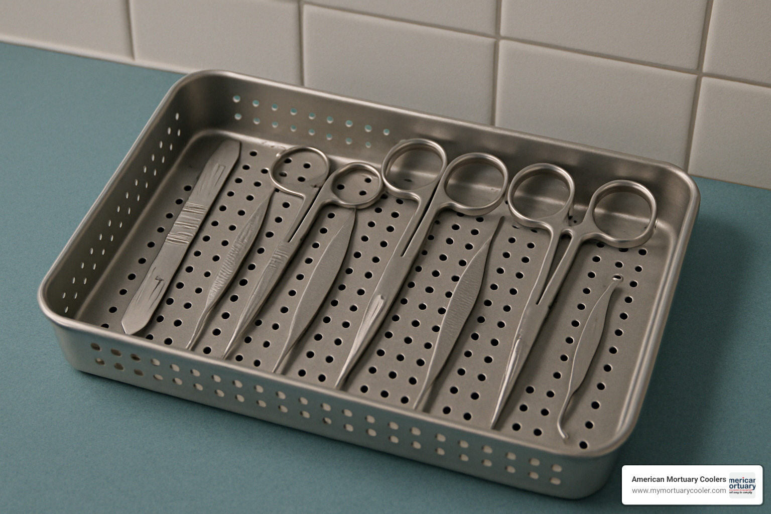 Sterilization tray with knife handle #3 and other surgical instruments arranged for cleaning - knife handle #3