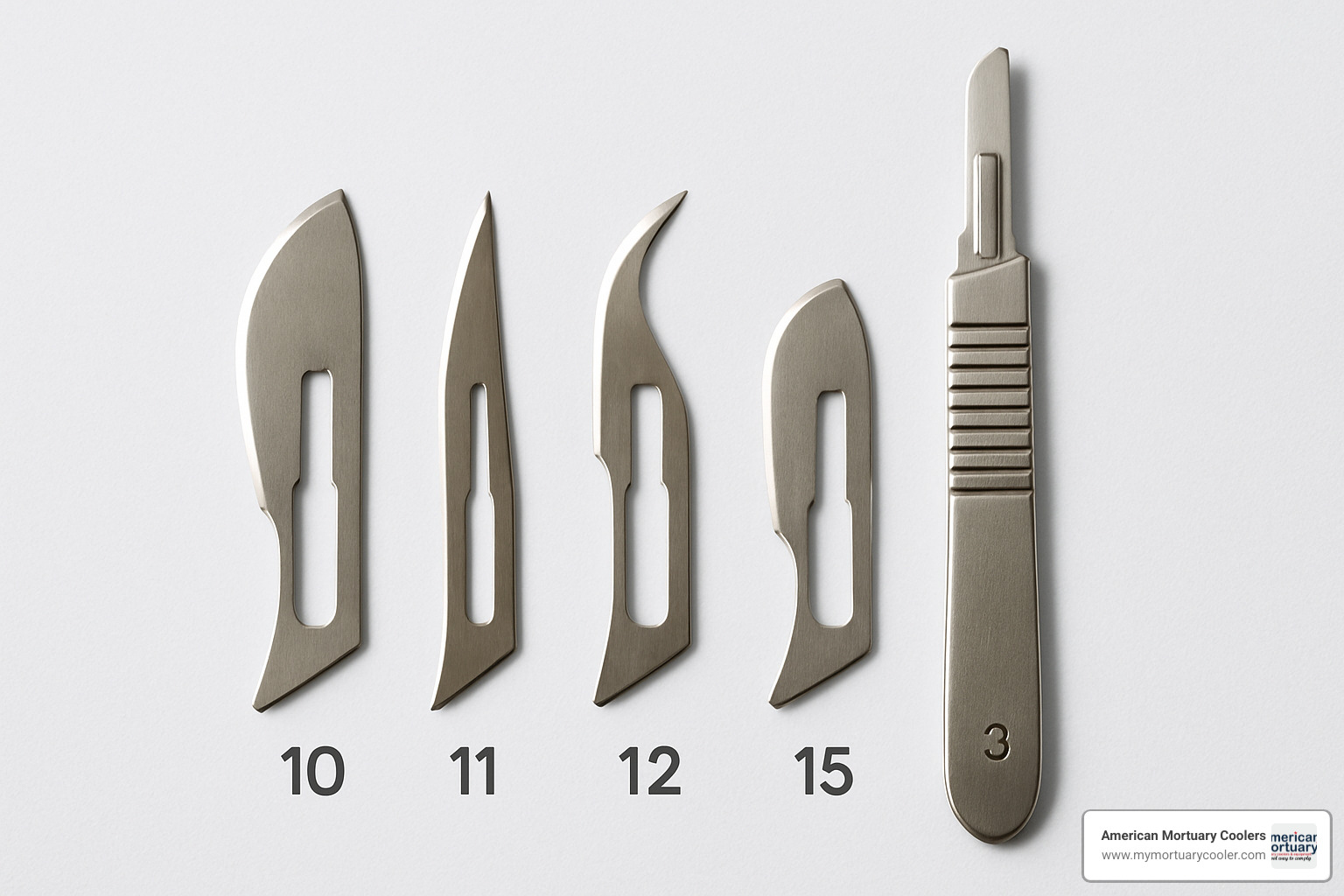 Various surgical blades compatible with knife handle #3 showing different shapes and cutting edges - knife handle #3