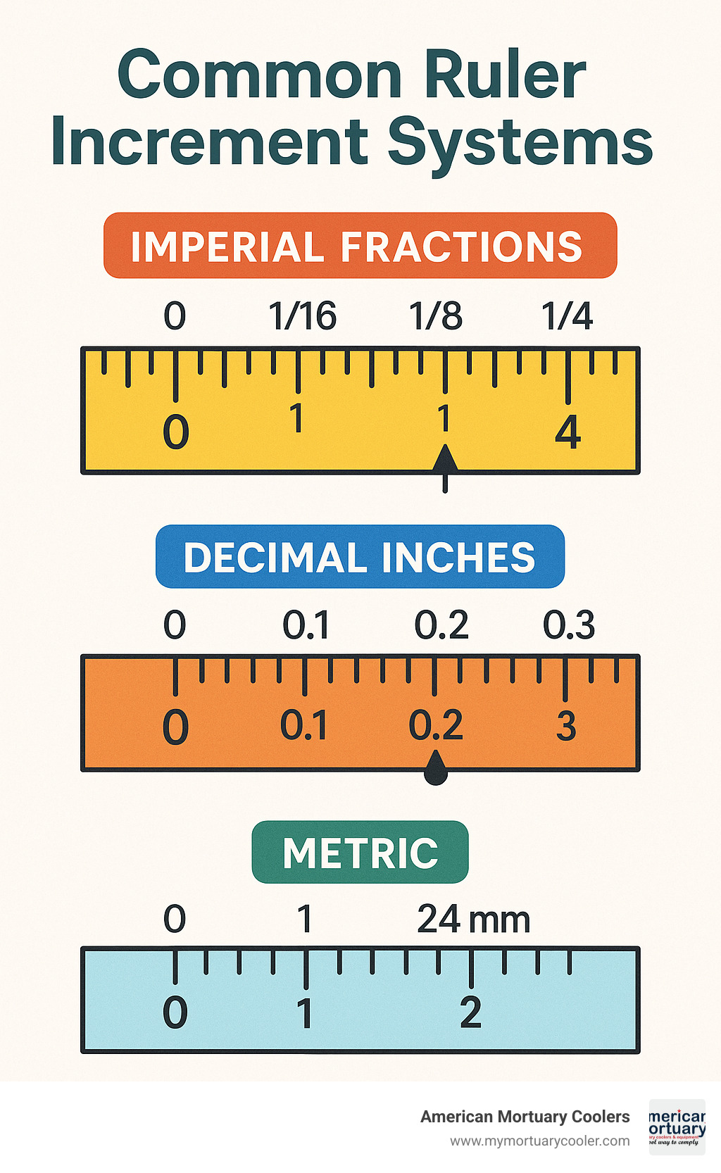 Common ruler increment systems showing imperial fractions (1/16", 1/8", 1/4"), decimal inches (0.1"), and metric (mm, cm) measurements with visual examples of how to read each scale - ruler with increments infographic 