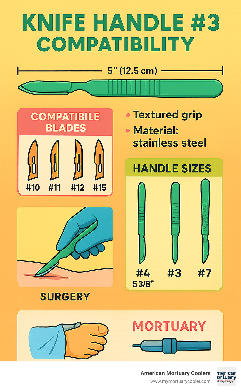 Detailed diagram showing knife handle #3 specifications, compatible blade types, and comparison with other handle sizes including measurements, grip patterns, and typical applications in surgical and mortuary settings - knife handle #3 infographic 