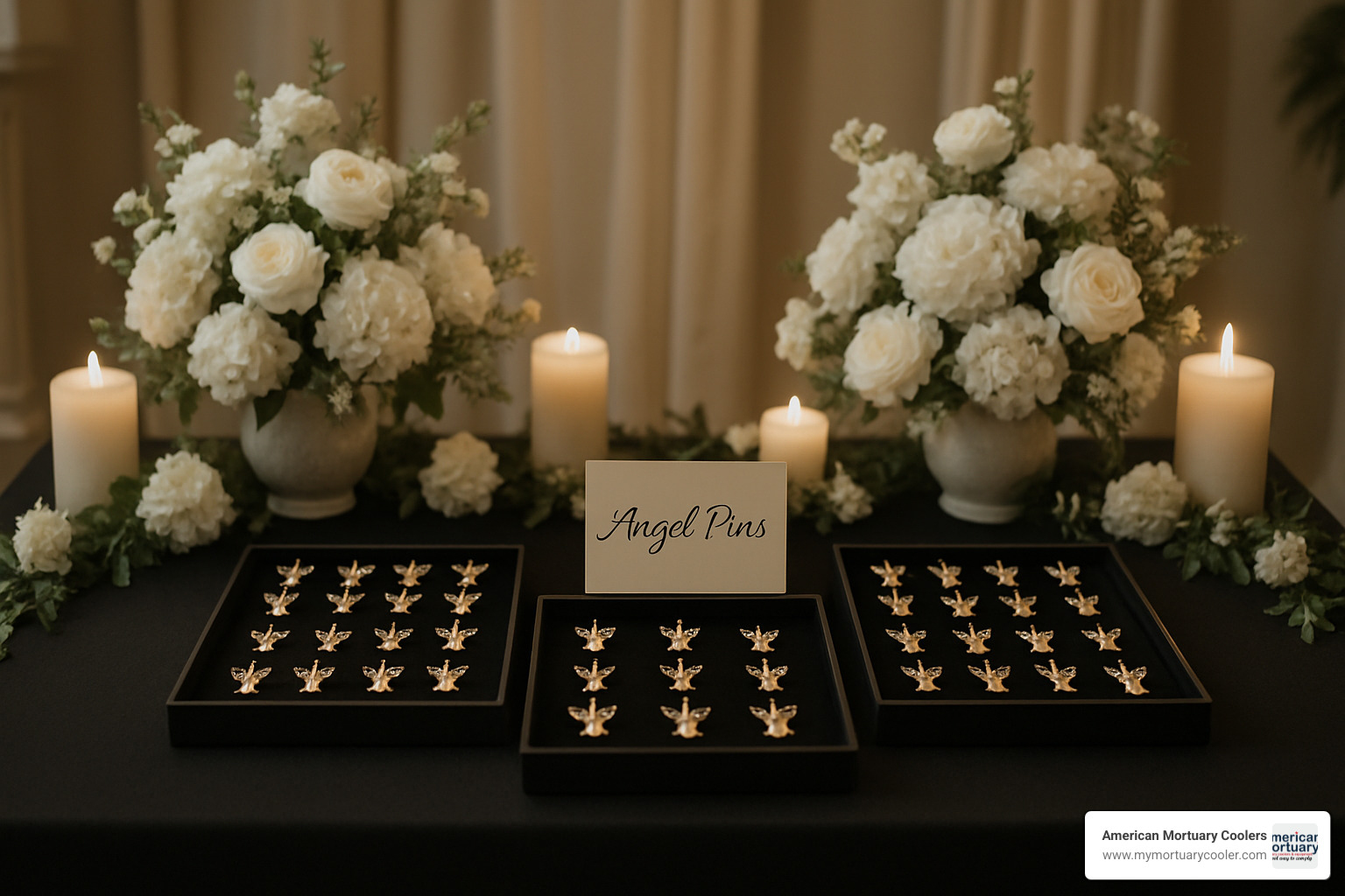 memorial table with angel pins displayed - angel pins for funeral