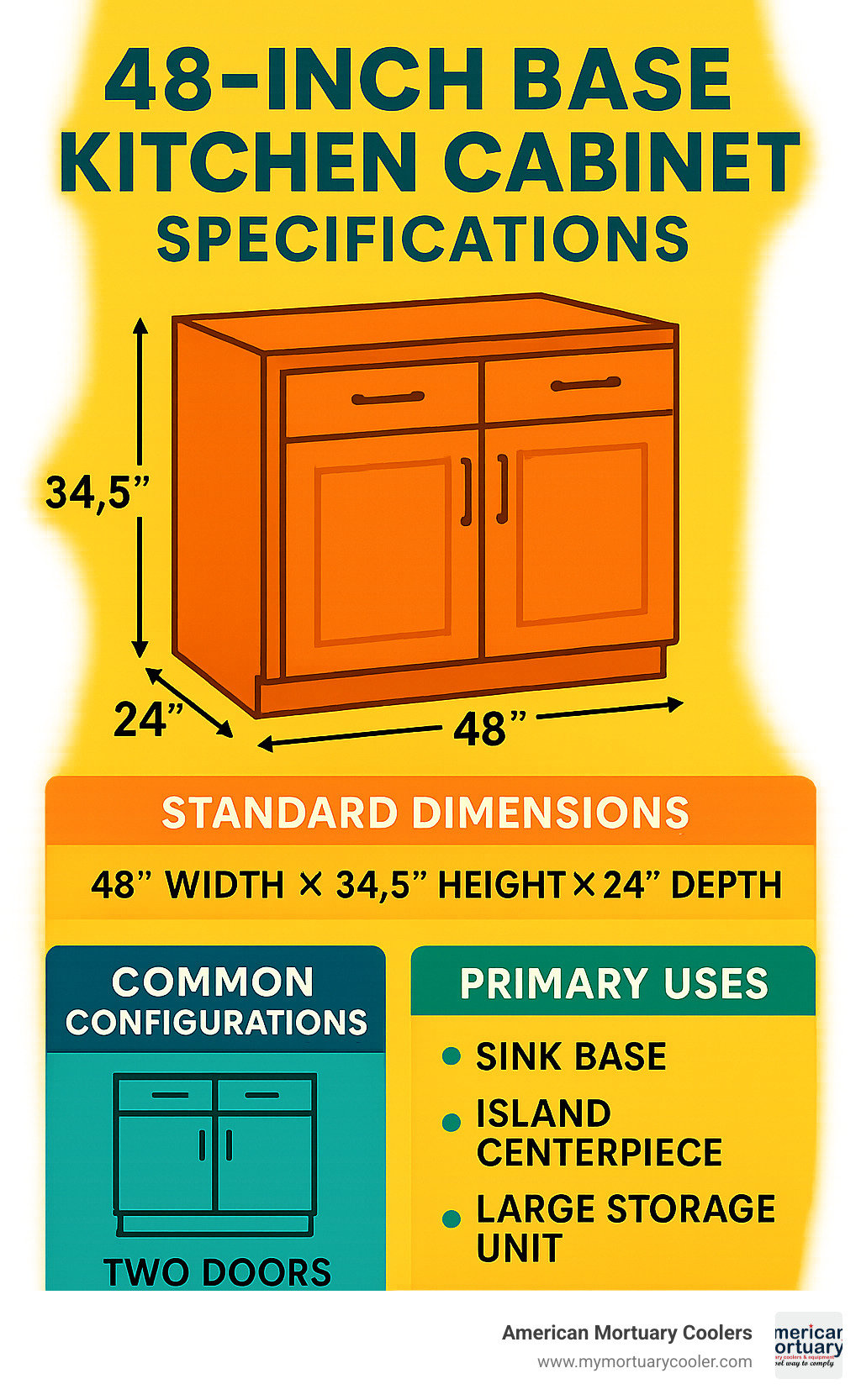 48-inch base kitchen cabinet specifications showing standard dimensions, common configurations, and primary uses in kitchen design - 48 base kitchen cabinet infographic 