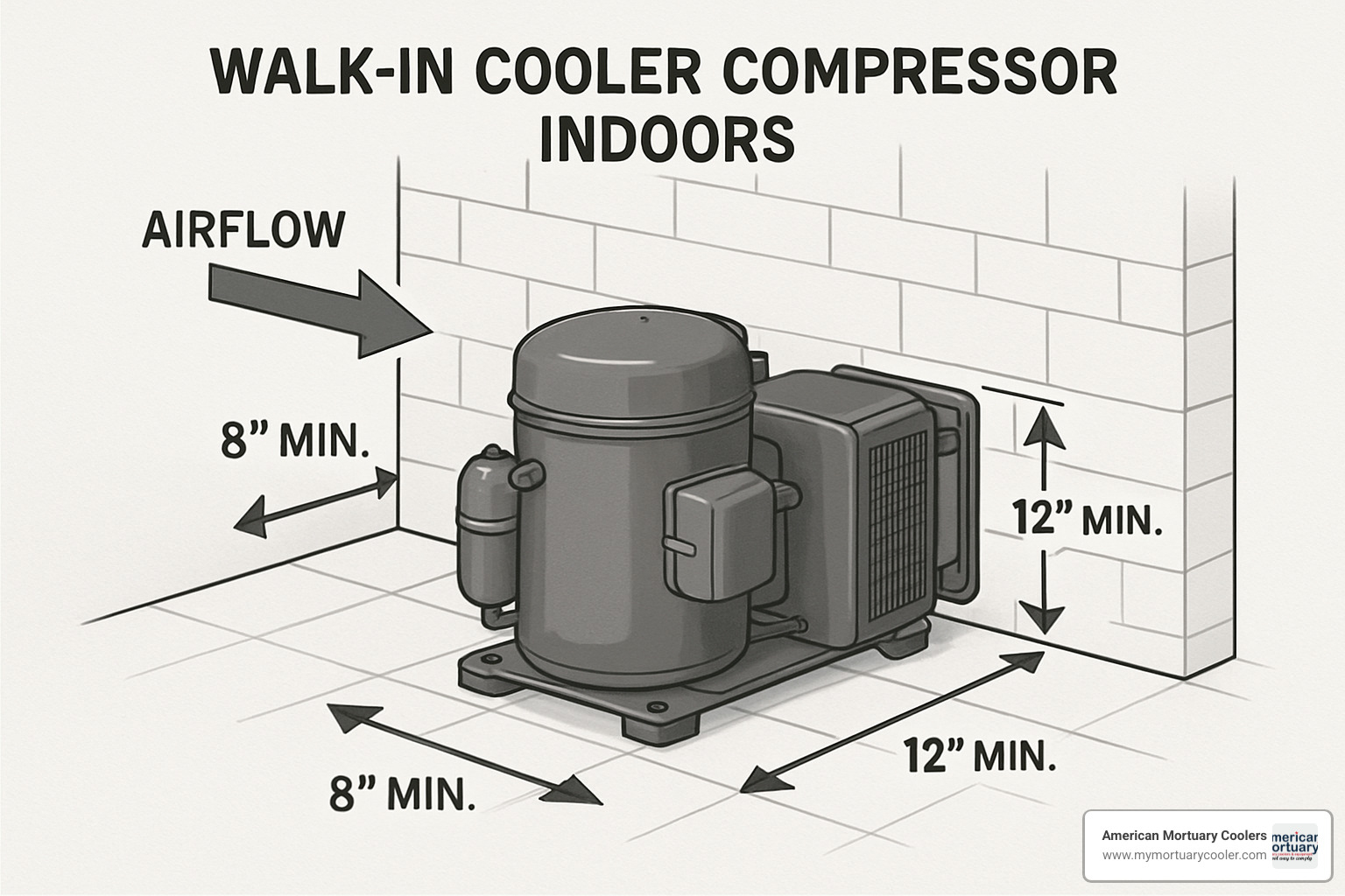 proper compressor airflow layout showing clearance requirements - walk in cooler compressor