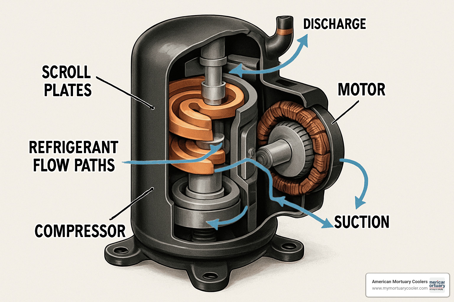 scroll compressor cutaway showing internal components - walk in cooler compressor