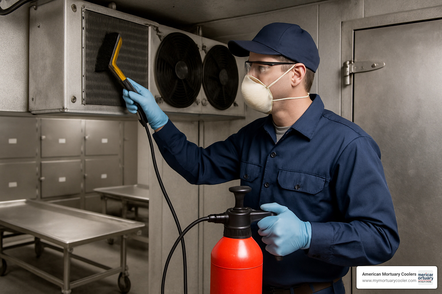 technician cleaning condenser coils on walk in cooler - walk in cooler compressor