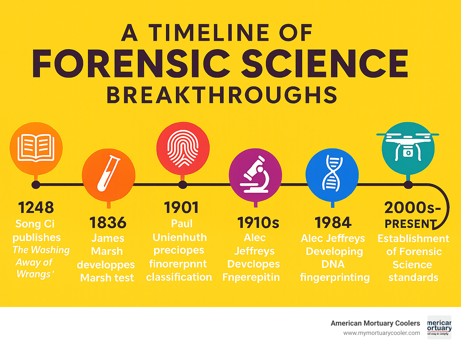 Infographic showing timeline of major forensic science breakthroughs from 1248 to present day - Forensics infographic 