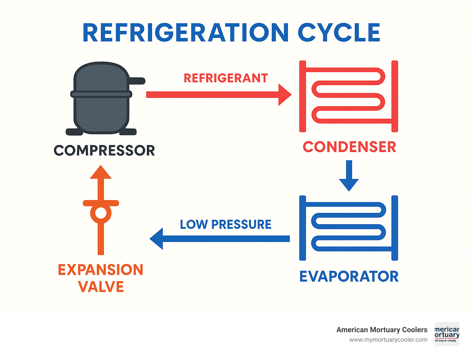 Refrigeration cycle showing compressor, condenser, expansion valve and evaporator with refrigerant flow paths and state changes - walk in cooler compressor infographic 