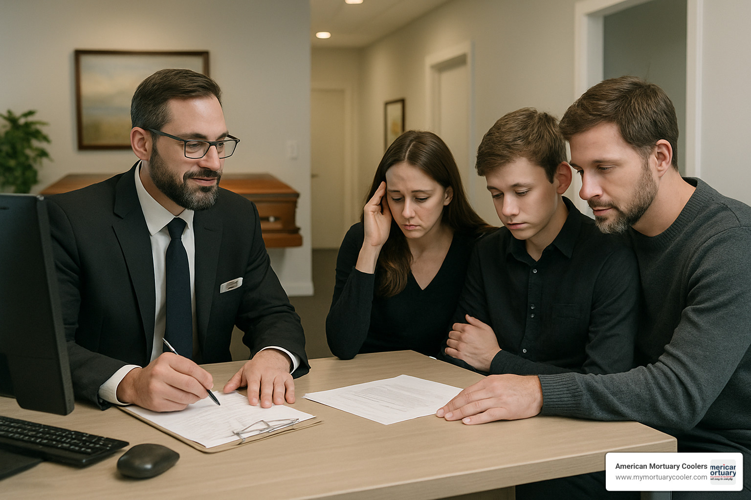 Funeral director helping family with obituary submission - american cremation & funeral service obituaries