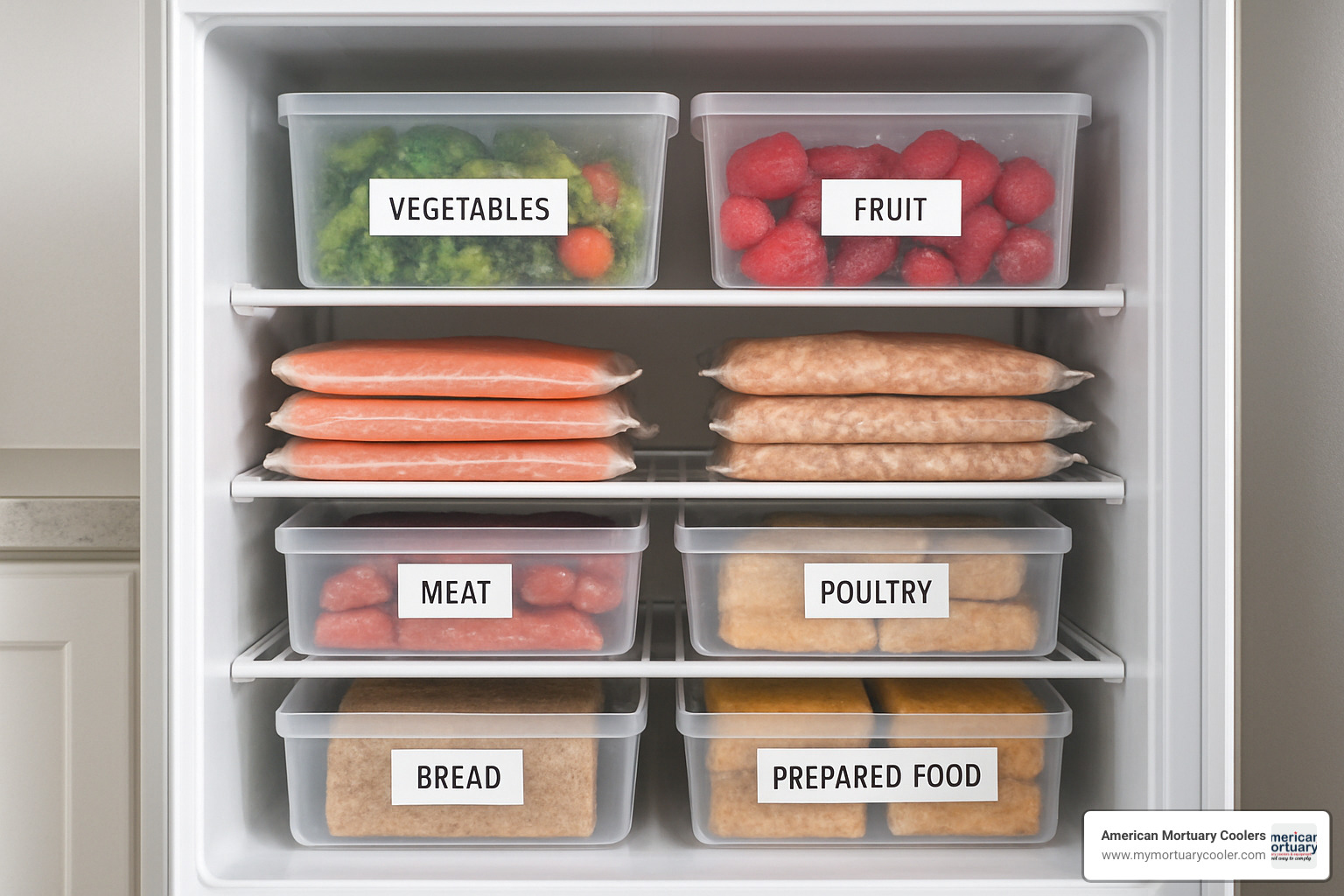 organized freezer with labeled bins and flat-packed items – what's the proper temperature for a freezer