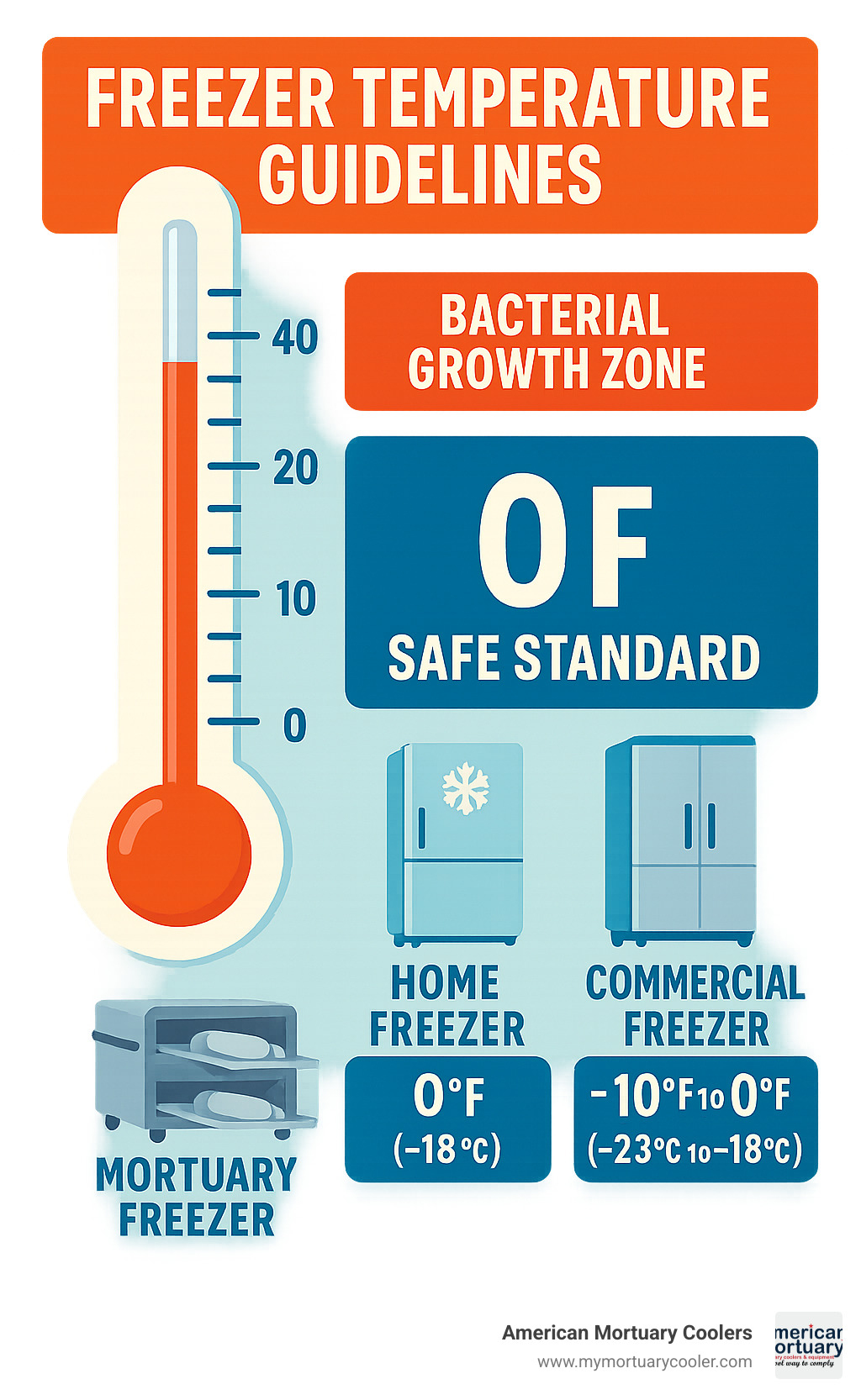 Detailed infographic showing freezer-temperature guidelines with 0°F as the safe standard, the bacterial-growth zone above 40°F, and specialized temperatures for home, commercial, and mortuary use – what's the proper temperature for a freezer infographic