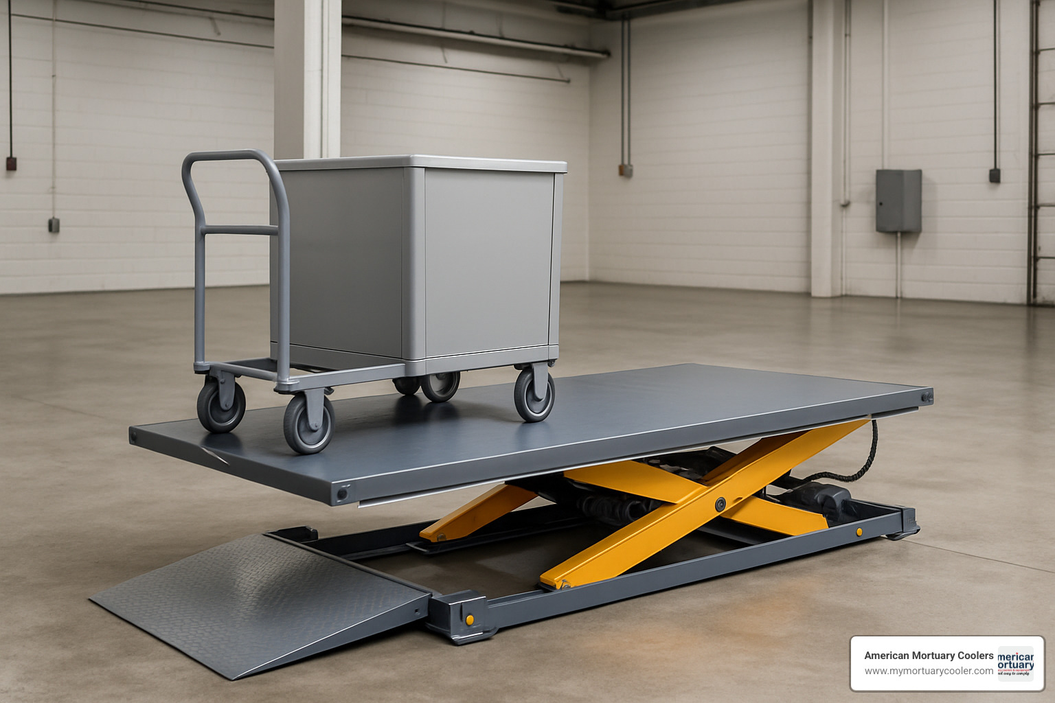 Low profile scissor lift with ramp for wheeled cart access - low profile scissor lift