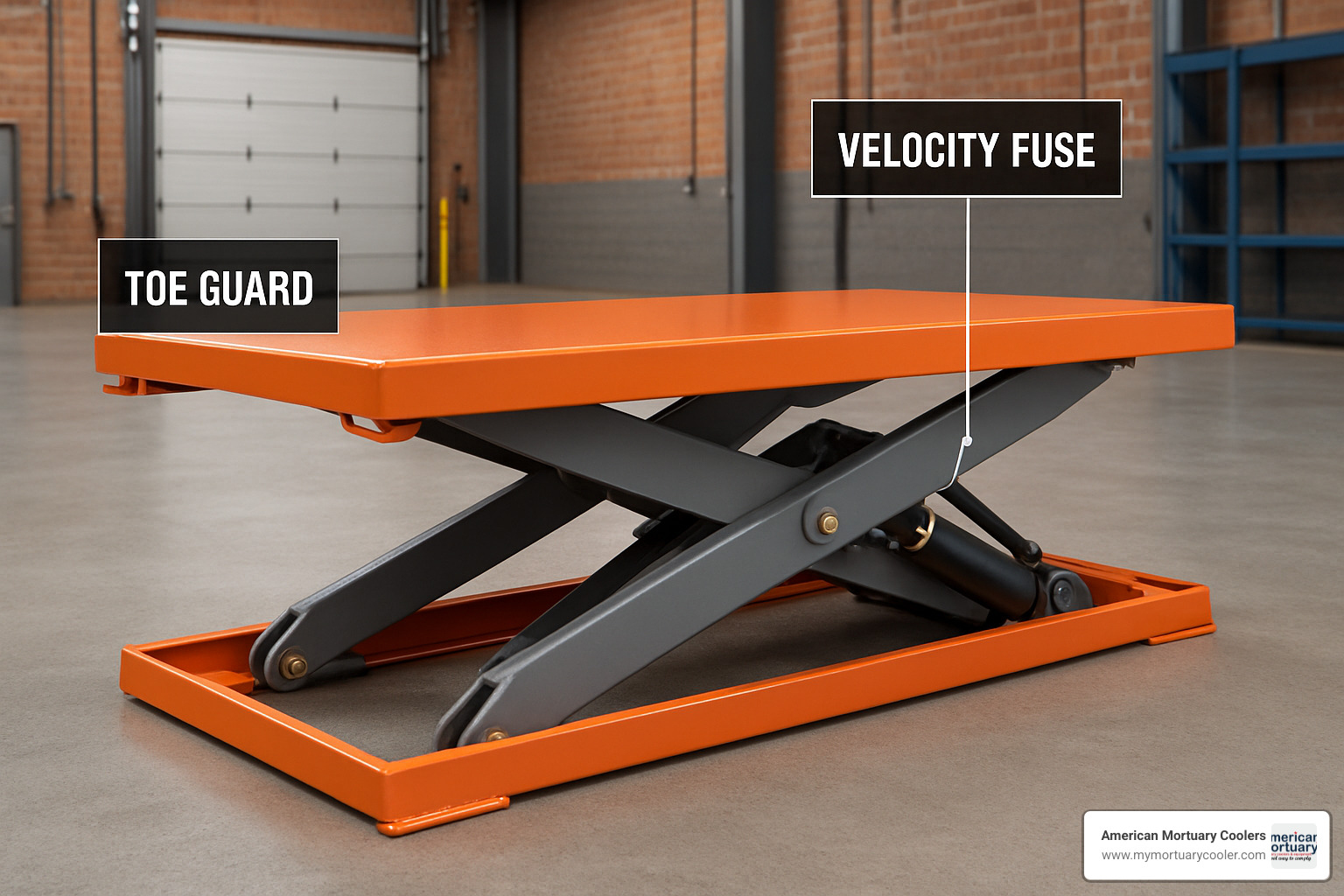 Safety features of low profile scissor lift including toe guards and velocity fuses - low profile scissor lift