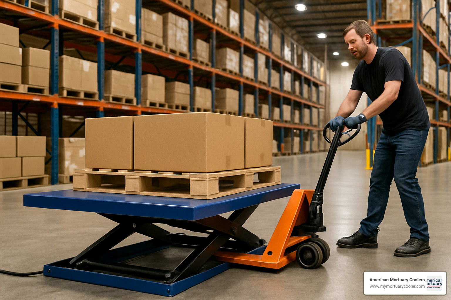 Low profile scissor lift being loaded with pallet jack in warehouse setting - low profile scissor lift