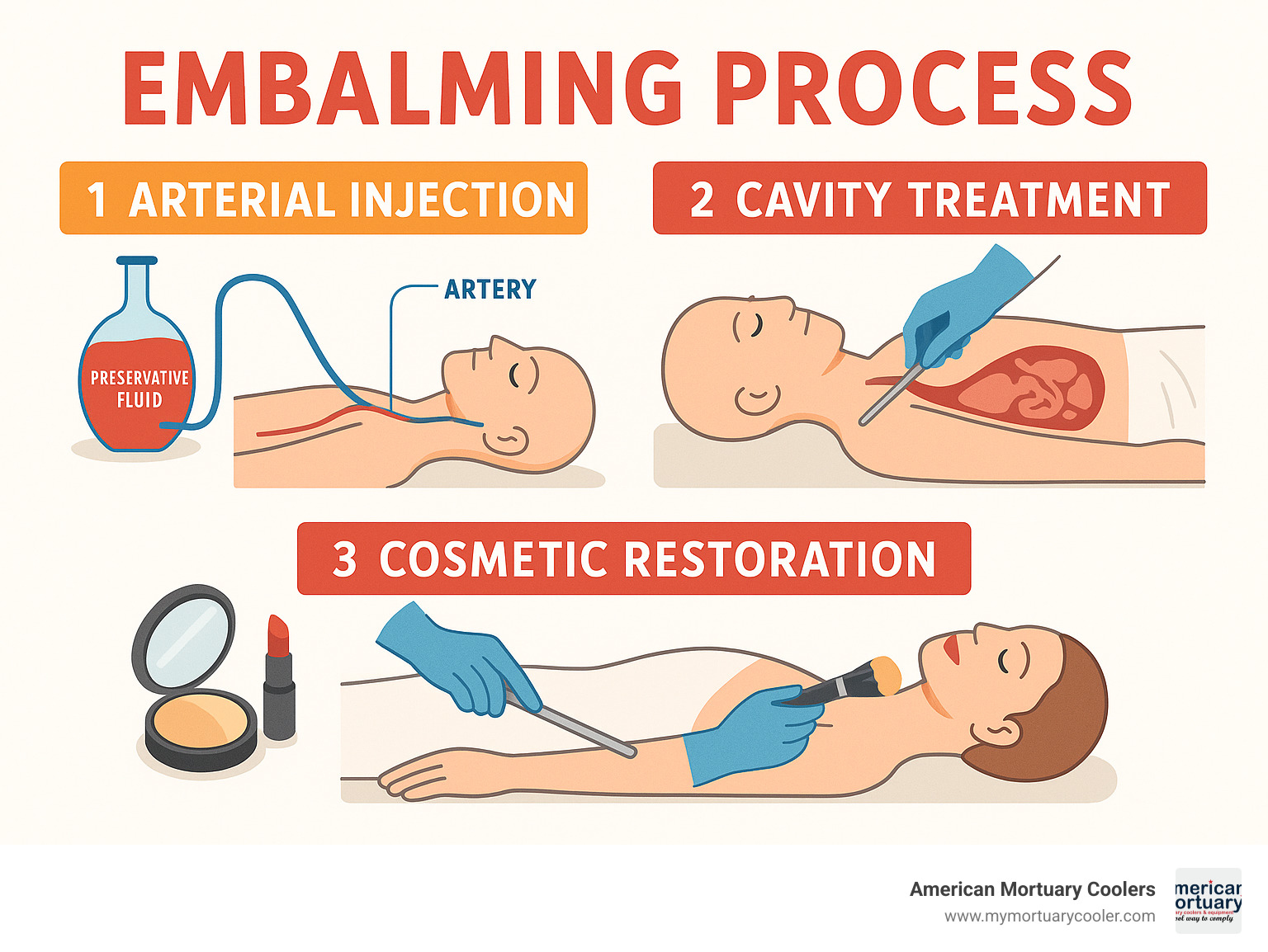 Detailed infographic showing the embalming process with steps including arterial injection, cavity treatment, and cosmetic restoration - embalming infographic 