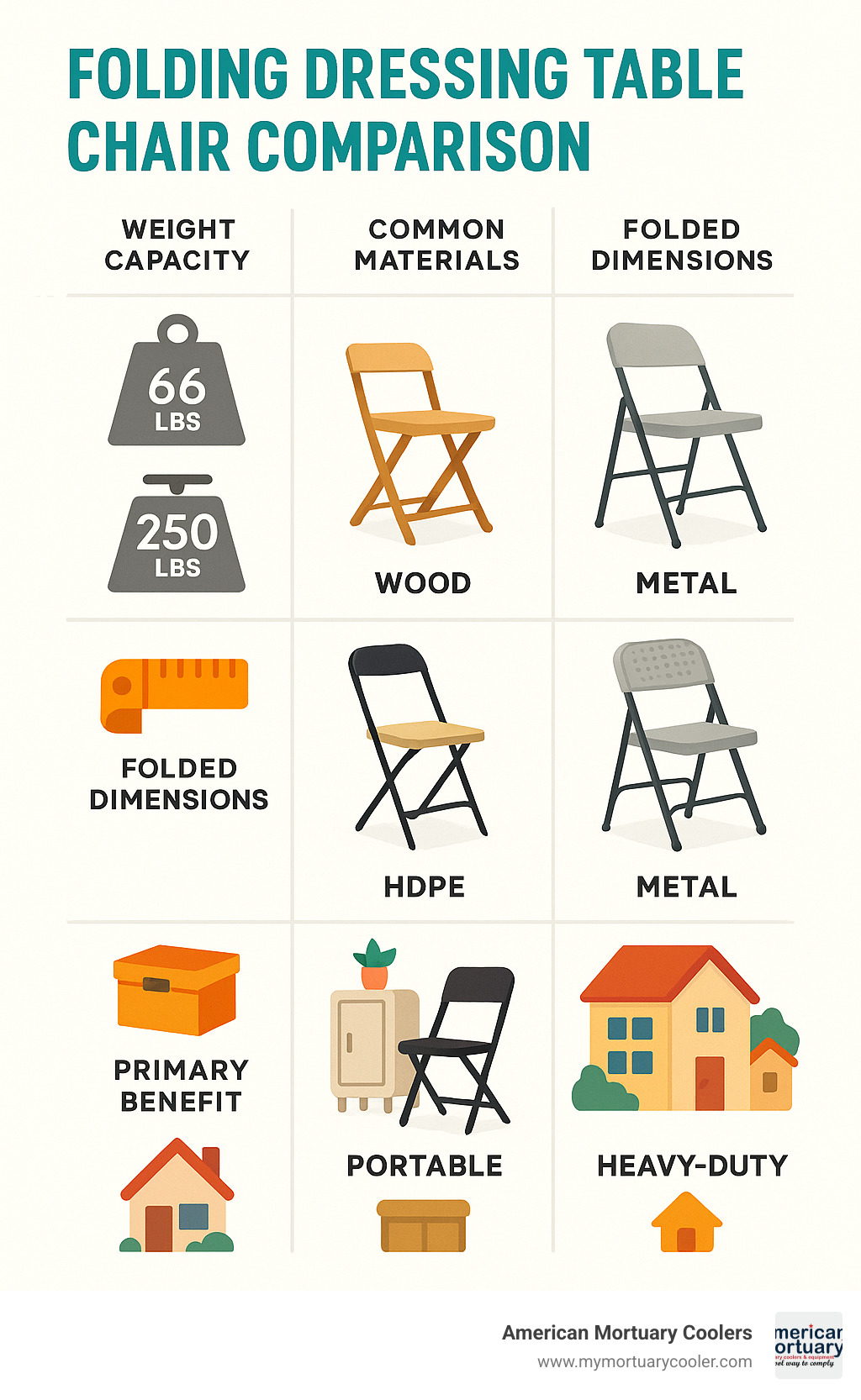 Comparison of folding dressing table chair types showing weight capacities (66-1000 lbs), common materials (wood, metal, HDPE), folded dimensions, and primary benefits with storage solutions for different home sizes - folding dressing table chair infographic 