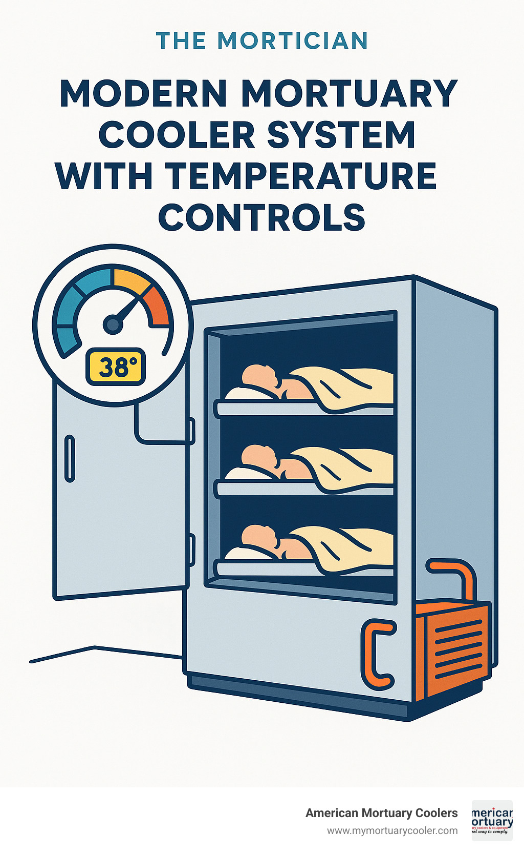 Detailed diagram of modern mortuary cooler system with temperature controls - The Mortician  infographic 