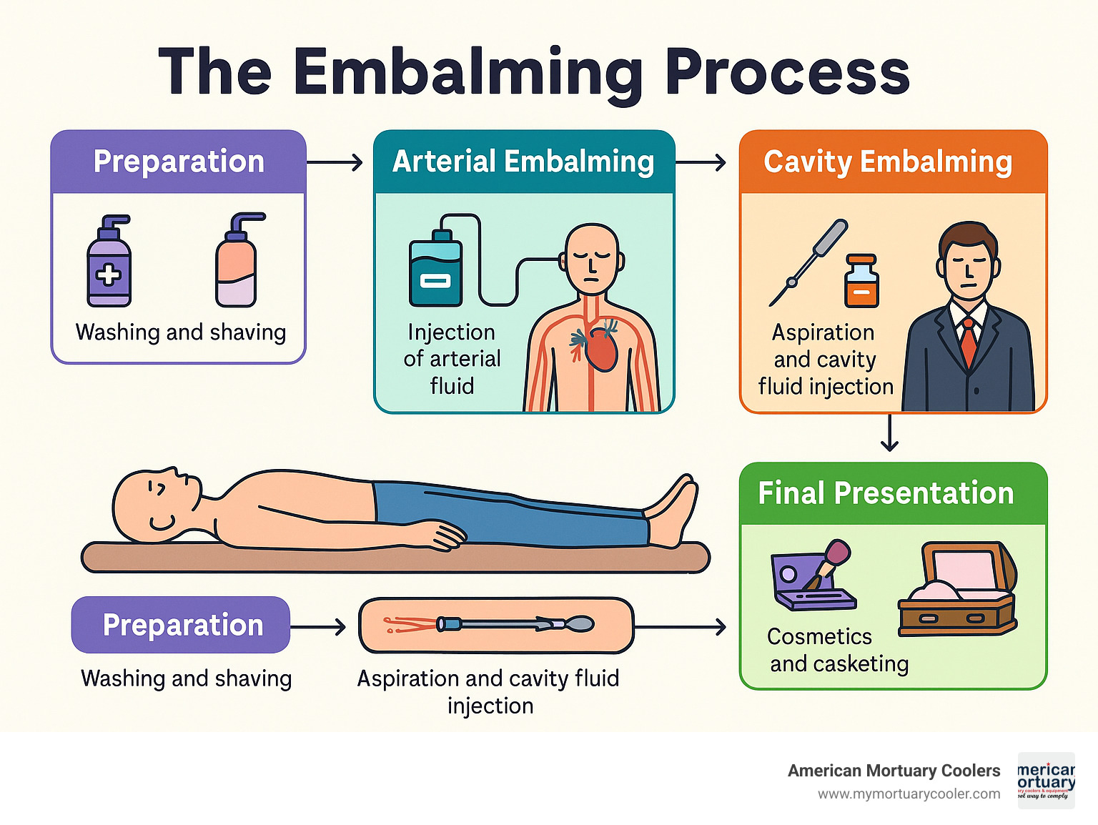 Comprehensive workflow diagram showing the complete embalming process from preparation to final presentation - embalming infographic 