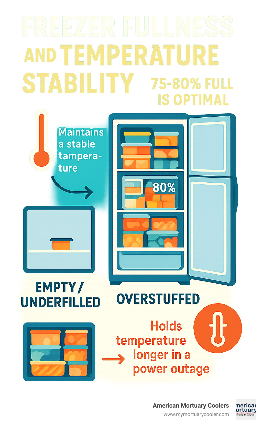 Infographic showing how freezer fullness affects temperature stability and hold-time during power outages, with 75–80% being optimal – what's the proper temperature for a freezer infographic
