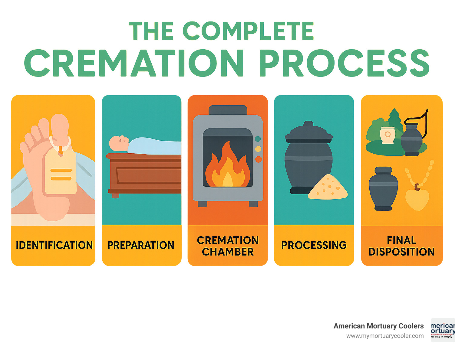 The complete cremation process showing identification, preparation, cremation chamber operation, processing, and final disposition options - cremation infographic 