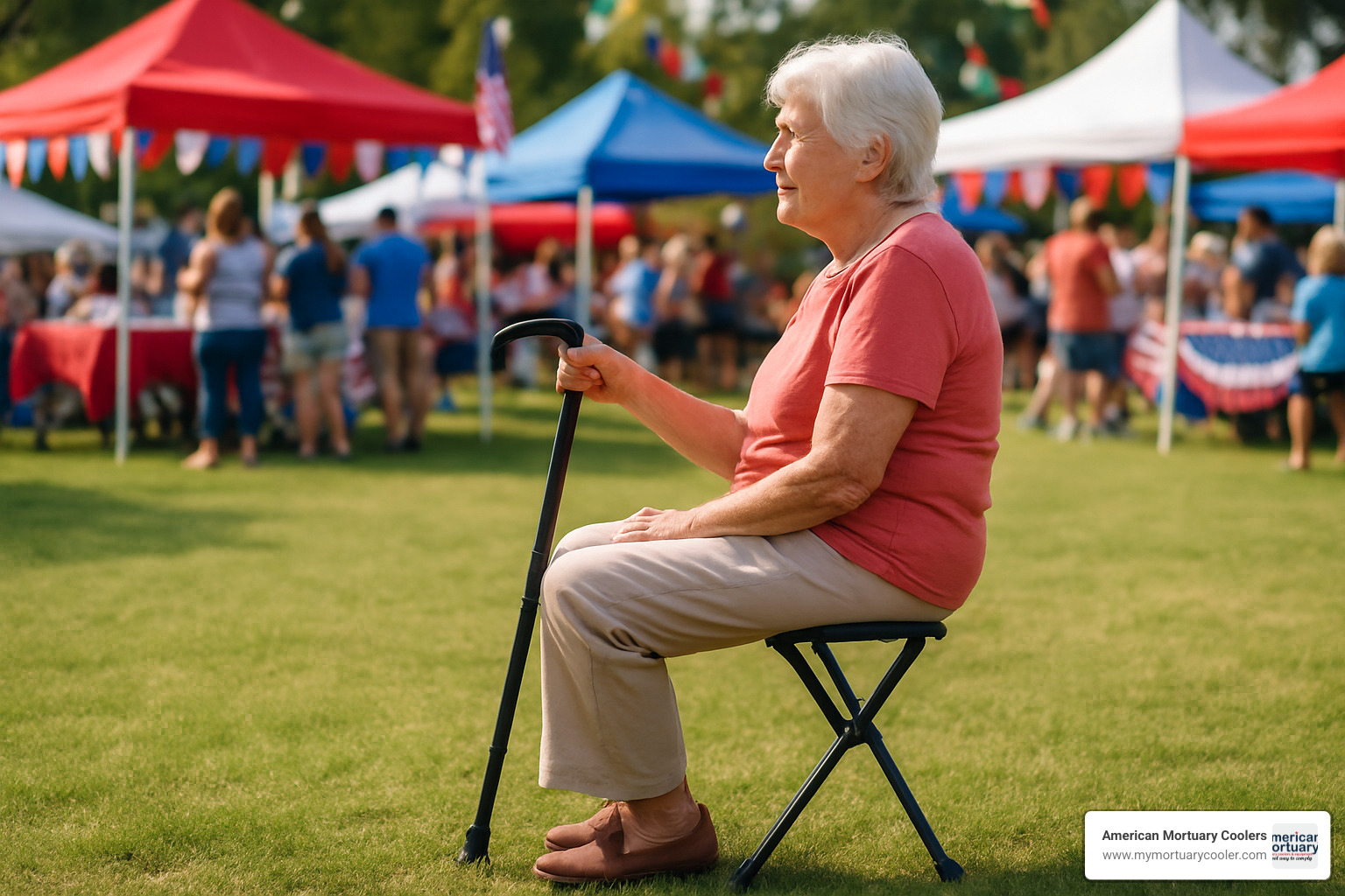 Senior using a cane folding chair at an outdoor event - cane folding chairs