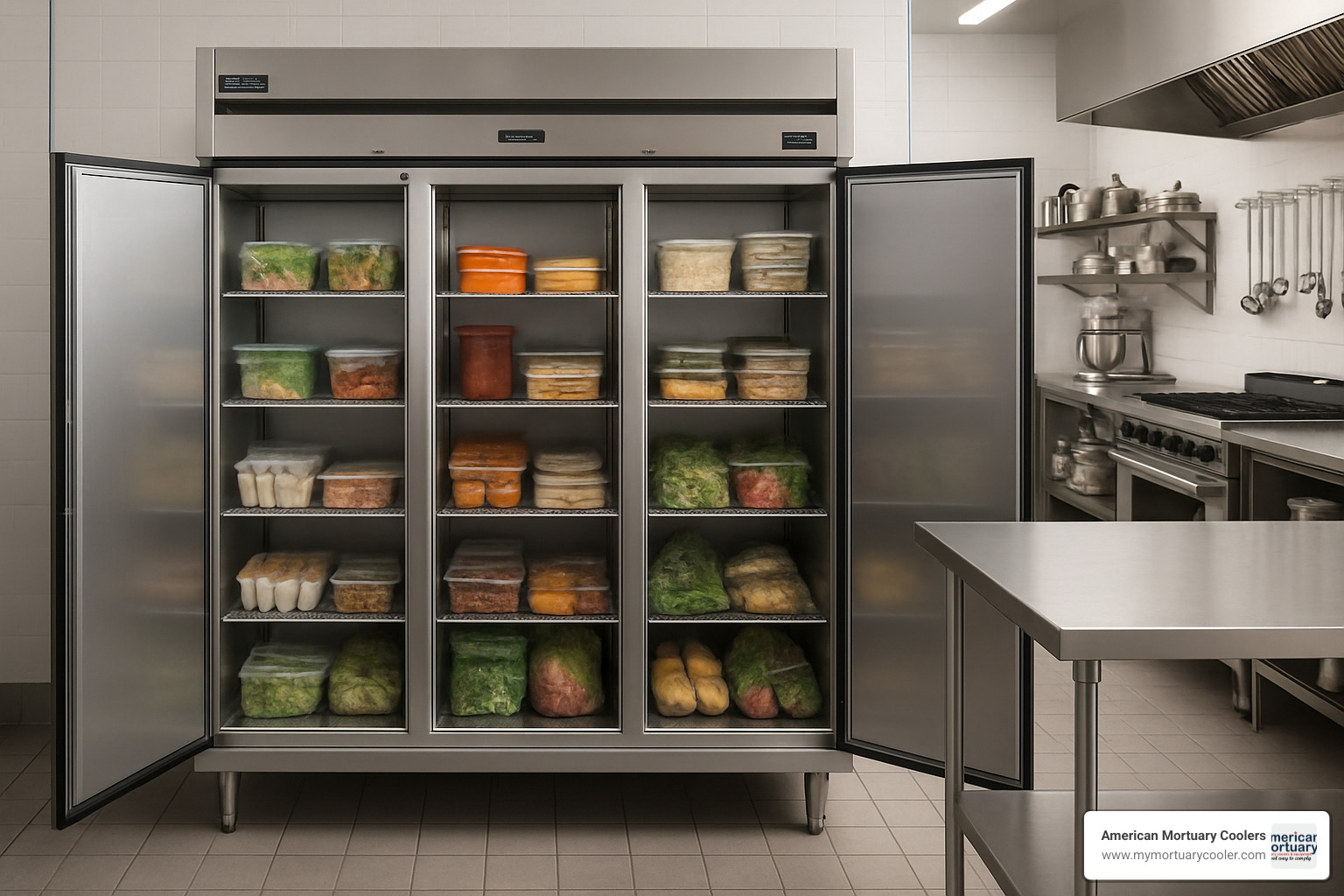 Commercial kitchen with organized three door freezer - three door freezer