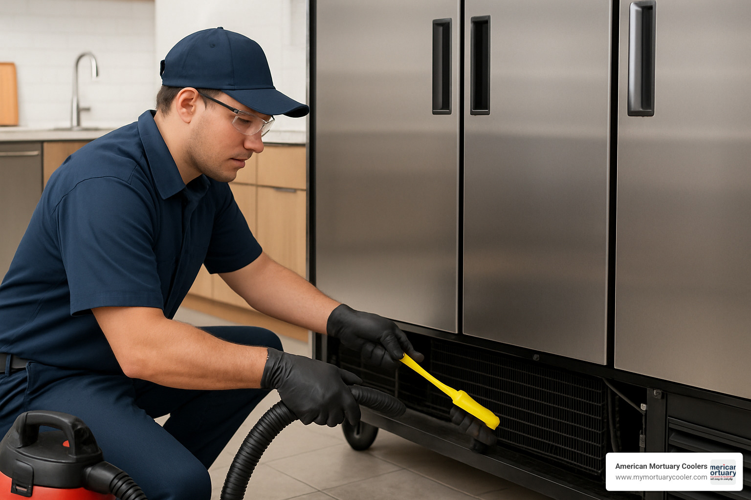 Technician cleaning condenser coils on three door freezer - three door freezer