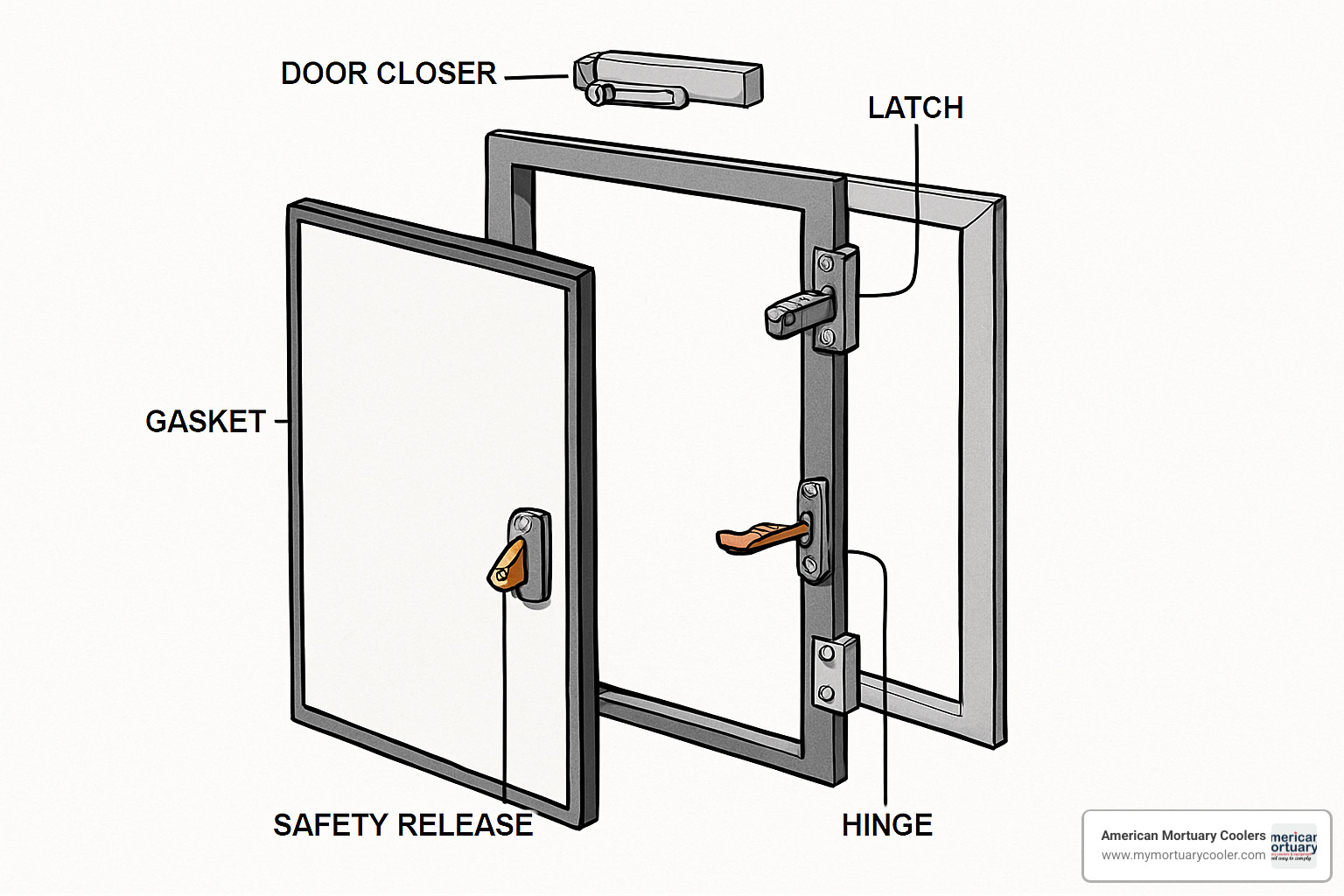 Exploded view of walk-in cooler door assembly - walk in cooler door hardware