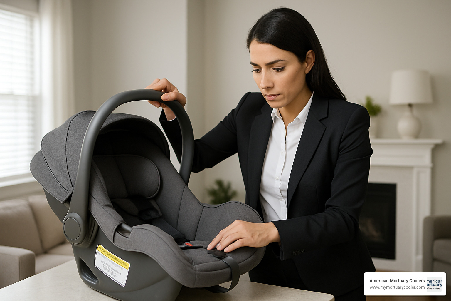 Lauren testing a baby car seat for safety features - lauren the mortician