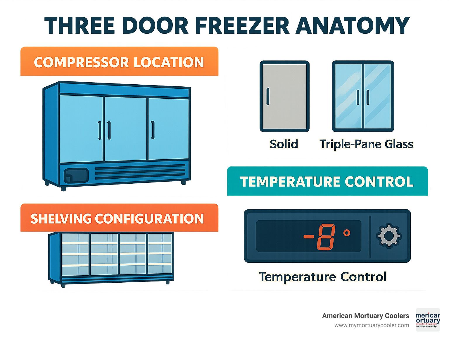 Three door freezer anatomy showing compressor location, door types, shelving configuration, and temperature control systems - three door freezer infographic 