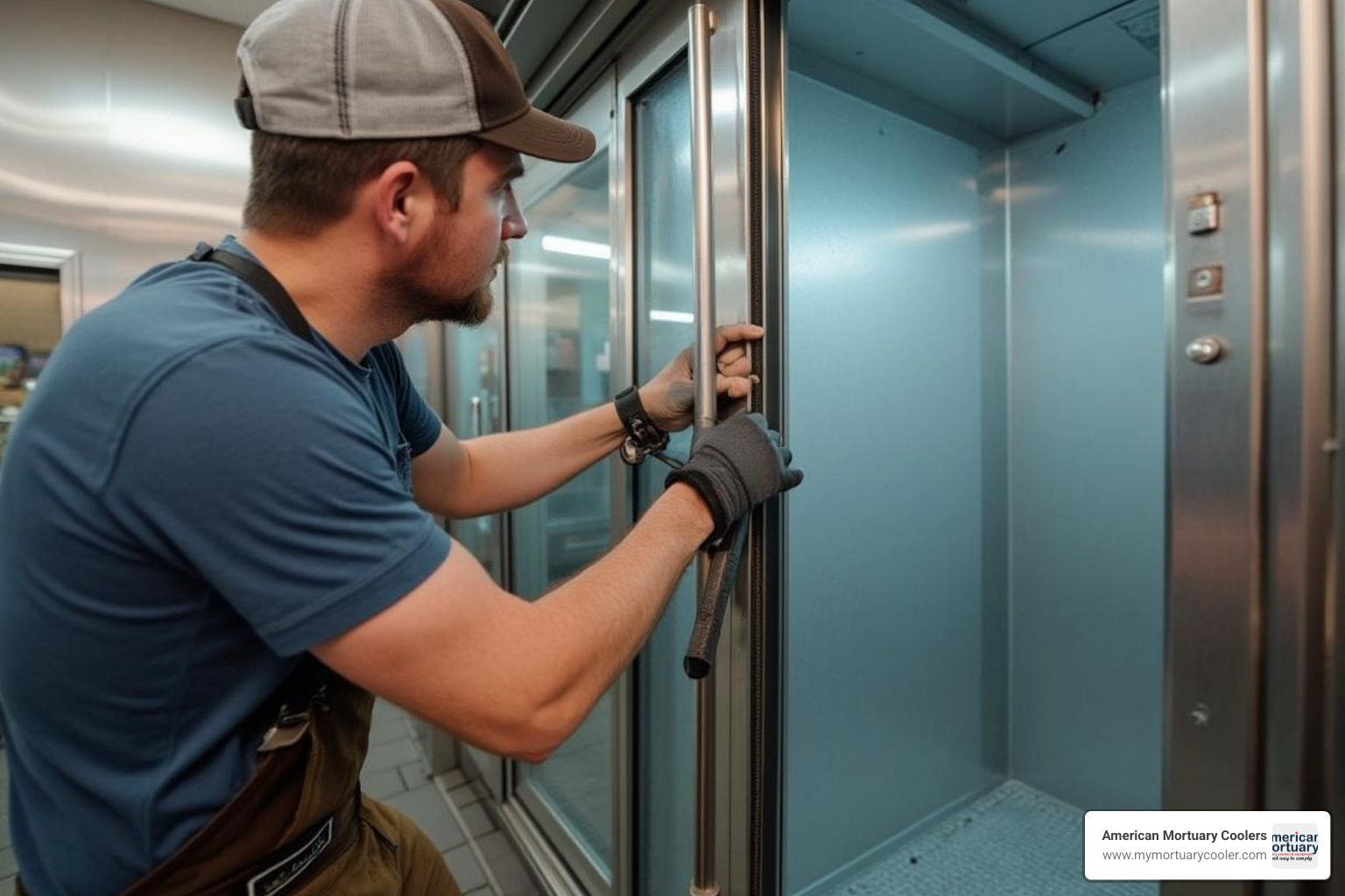 Installer adjusting hinge on walk-in cooler door - walk in cooler door hardware