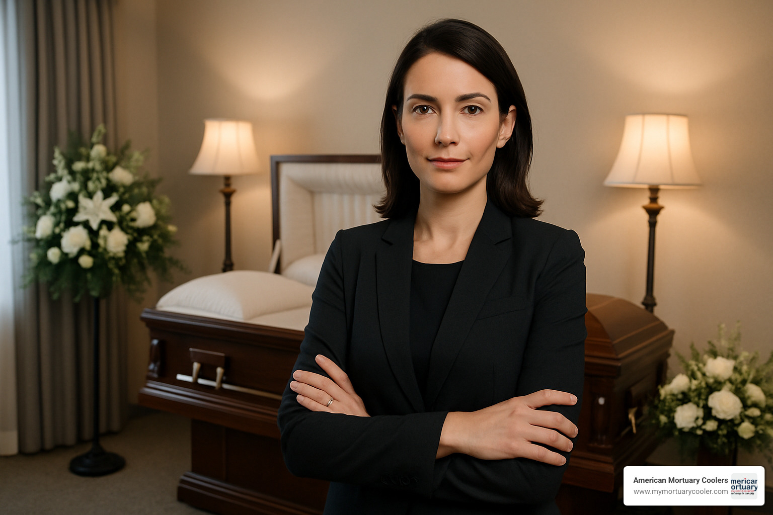 Lauren in a funeral home setting wearing professional attire - lauren the mortician