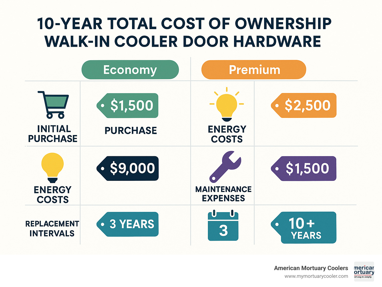 Infographic showing total cost of ownership comparison between economy and premium walk-in cooler door hardware over a 10-year period, including initial purchase, energy costs, maintenance expenses, and replacement intervals - walk in cooler door hardware infographic 