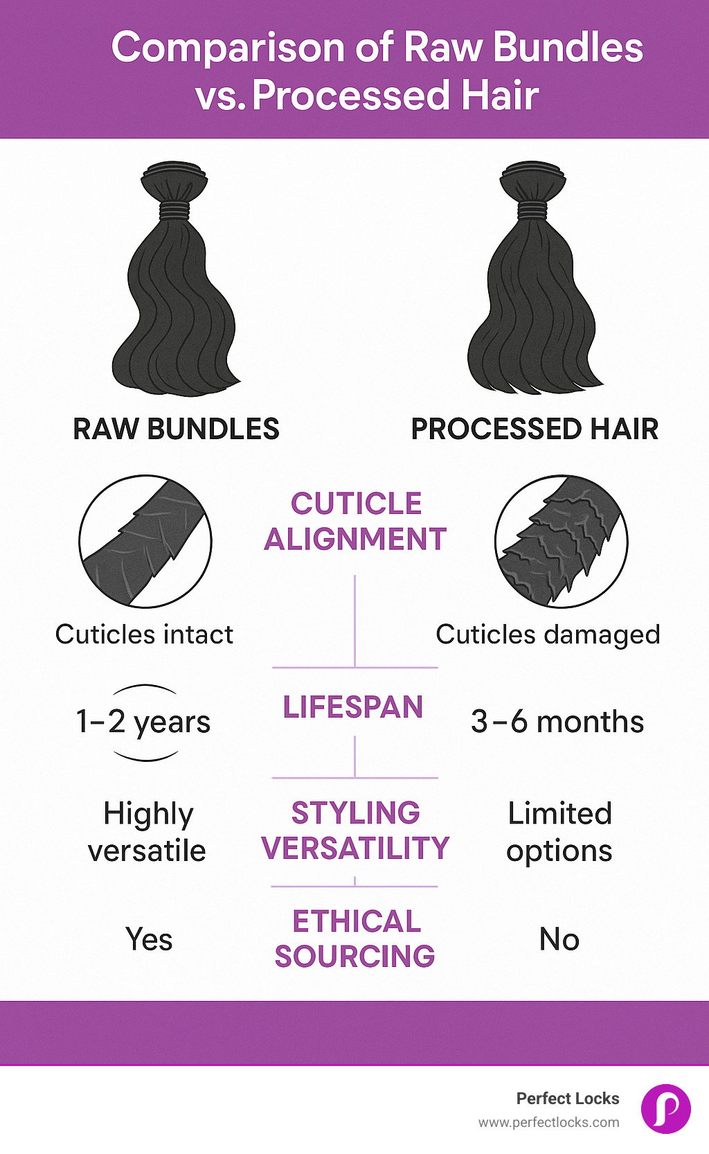 Comparison of raw bundles vs processed hair showing cuticle alignment, lifespan, styling versatility, and ethical sourcing benefits with clear visual differences between intact cuticles in raw hair versus damaged cuticles in processed hair - raw bundles infographic