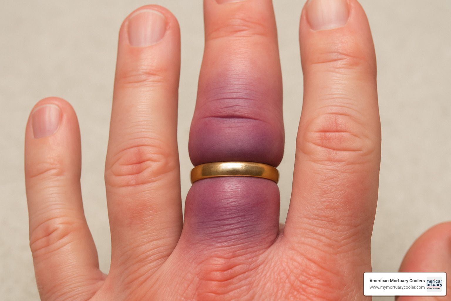 swollen finger with a stuck ring showing signs of vascular compromise - ring rescue