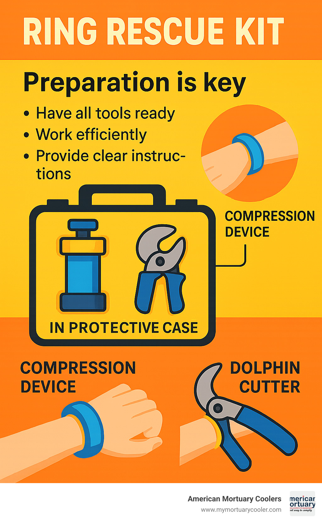 Ring Rescue Kit with compression device and dolphin cutter in protective case - ring rescue infographic 