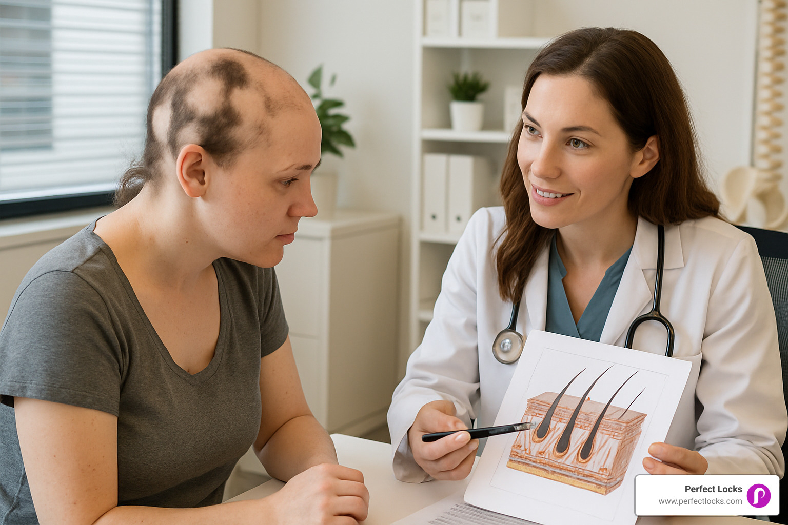 woman with alopecia areata consulting with a dermatologist - tape in extensions for alopecia