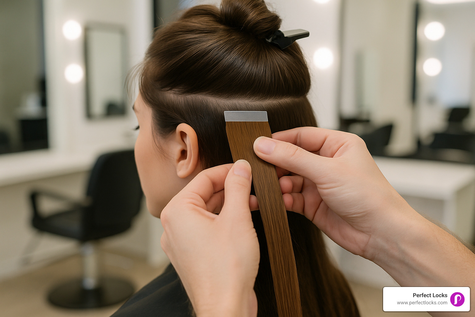 close-up of tape-in extension application process - tape in extensions for alopecia